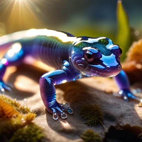 extremely detailed 32k UHD RAW photo depicting a perfect salamander entirely made of crystal, showcasing a multifaceted translucent body with a prismatic effect as light passes through, taken by a national geography photographer with DSLR, beautiful sunlight