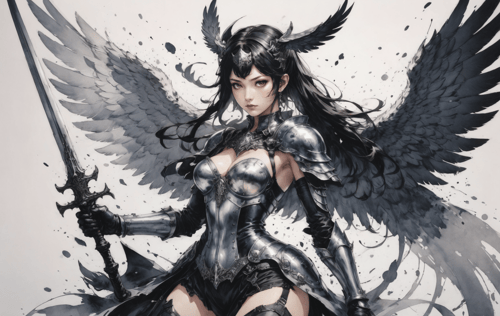 a winged Valkyrie wielding a weapon, splatter fashion, in the style of light and shadow, ink illustrations, by Yoji Shinkawa  <lora:aesthetic_anime_v1s:1>