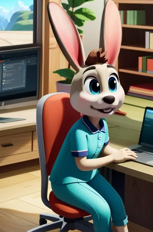 NuPogodiNewHare, (carrot pattern pajamas, chest tuft, buckteeth, bunny tail), (indoor, sitting, computer desk, chair, using a computer), (masterpiece:1.2), hires, 3D, Unreal Engine Render, ultra-high resolution, 8K, high quality, (sharp focus:1.2), clean, crisp, cinematic, <lora:Hare-18:0.7>