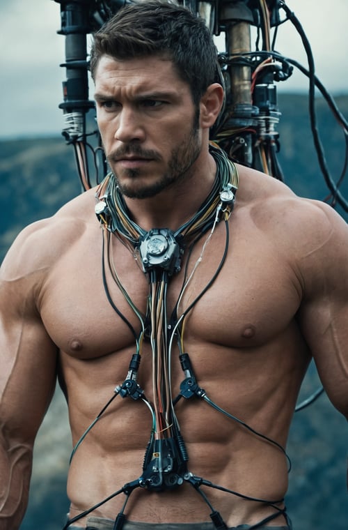 (((Perfect Face)))((cowboy shot)), (((masterpiece))), (((best quality))), ((ultra-detailed)), (highly detailed CG illustration), ((an extremely musculine and handsome)), cinematic light,(((1mechanical Ape))),solo,((upper torso masculine flesh hanging by wires)),((Hanging by wires and tubes)), (machine made joints:1.2),((mechanical limbs)),(blood vessels connected to tubes),(mechanical vertebra attaching to back),((mechanical cervial attaching to neck)), ((realistic hair)), (standing), (wires and cables attaching to neck:1.2),(wires and cables on head:1.2),(character focus),science fiction, extreme detailed, colorful, highest detailed, trousers, Greek Male, Sexy Muscular,Game of Thrones,male,Movie Still, 
