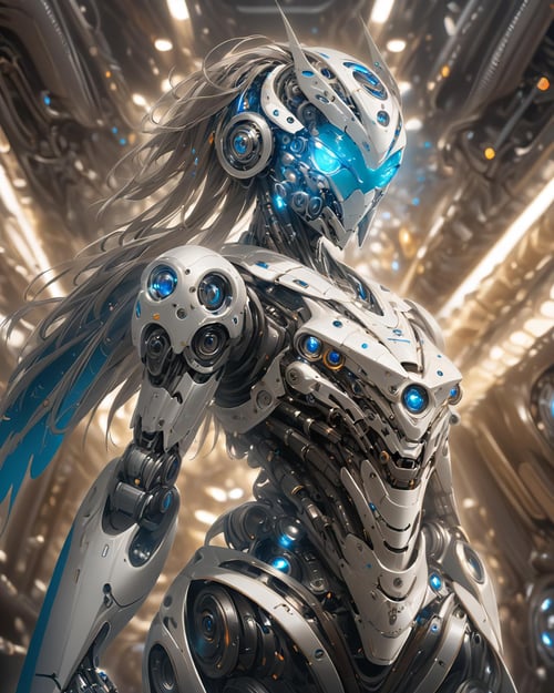 full_body, 1girl, mecha, glowing blue eyes, cute, biomechanical, complex robot, interior spaceship background in bokeh, hyper realistic, hyper detailed, intricate, insane fine details, crisp focus  <lora:compb0t:0.8>