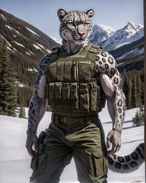 anthro, snow leopard, solo, male, adult, veiny muscles, muscular, bulletproof vest, military pants, realistic fur, detailed background, wilderness background, hyper realism, RAW photo, (realism, photorealistic:1.3), detailed, hi res,
