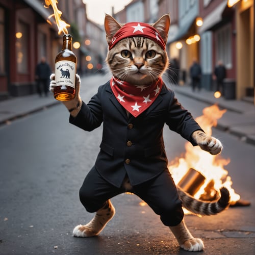 cinematic film still cute anthro  protest cat cat in a  street riot throwing a burning bottle with a lid  ,  he is wearing a bandana, angry, high quality photography, 3 point lighting, flash with softbox, 4k, Canon EOS R3, hdr, smooth, sharp focus, high resolution, award winning photo, 80mm, f2.8, bokeh . shallow depth of field, vignette, highly detailed, high budget, bokeh, cinemascope, moody, epic, gorgeous, film grain, grainy