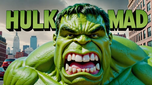 (Cinematic), (oversized facial features:1.5), (caricature:1.4), Raw 3D render of The Incredible Hulk with a big nose, big chin, big eyes, big teeth, open mouth, laughing, City background with text bubble that says "HULK MAD"