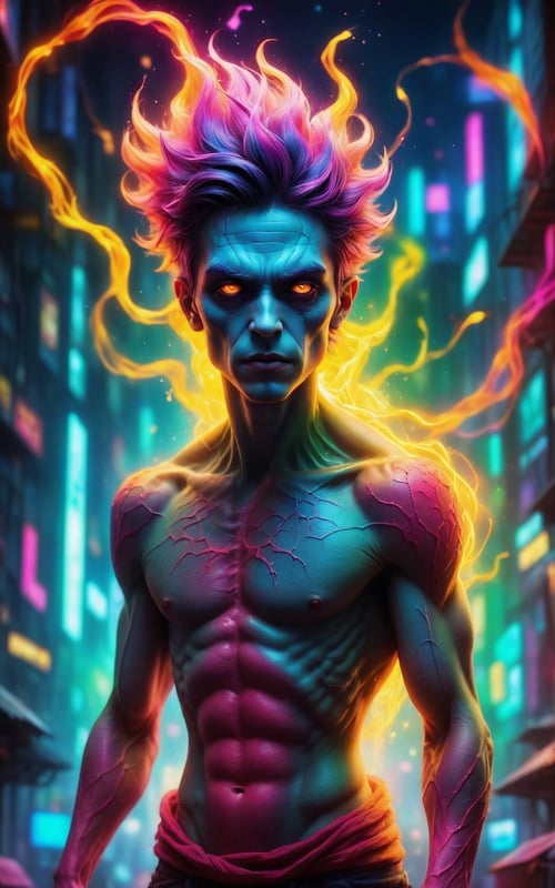 (best quality, 8K, highres, masterpiece), ultra-detailed, (photorealistic, cinematic), illustration painting of a luminous and enchanting bad guy undead/human-like creature with vibrant and dynamic anime-style colors. The creature, with dark, colorful hair, strikes a dynamic pose in a brilliantly lit fantasy realm environment filled with a kaleidoscope of colors. The mid-shot composition and rule of thirds depth of field emphasize intricate details, creating a fantastical realm that bursts with subtle and vibrant colors. The use of light particles enhances the scene's grandeur and awe, making it a stunning visual masterpiece in a double-exposure style. The strong outlines contribute to the scene's cinematic feel, creating a super colorful and visually captivating narrative