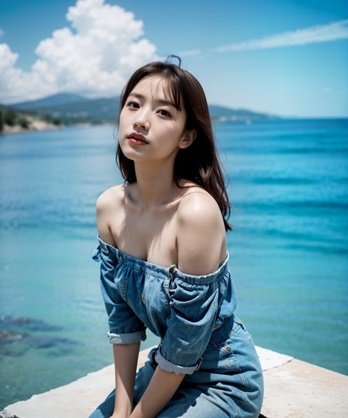 Best quality, masterpiece, film grain, photo by fuji-proplus-ii film, half-length portrait, raw photo of 20 years old woman in off-shoulder, waist up, high angle/from above, deep blue sky, cloudy sky, outdoor, high key light, soft shadow, dark theme, <lora:hinaFilmFujiProPlusII_v1:0.6>