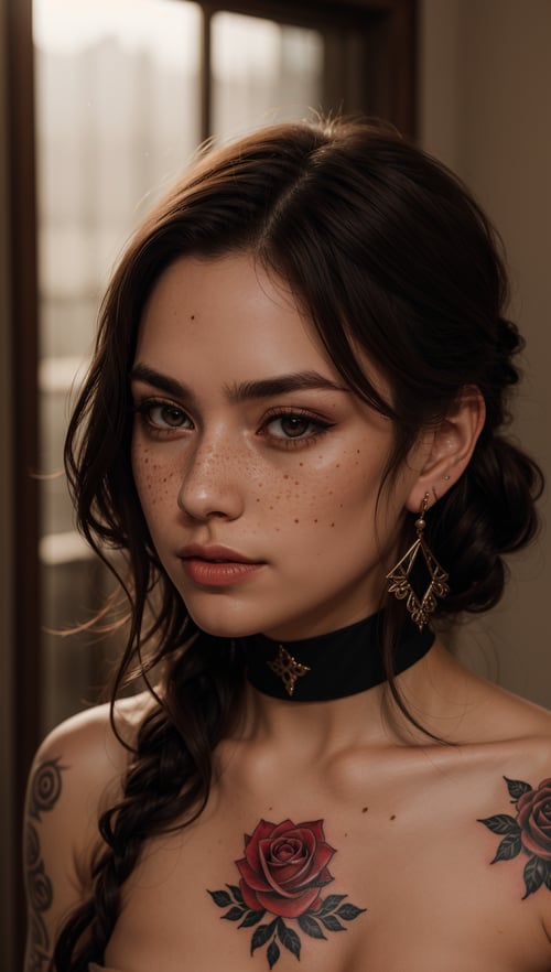 highest quality,woman,27 year old,backlighting,black choker,blurry background,blush,closed mouth,collarbone,earrings,forehead,freckles,hair over shoulder,jewelry,long hair,looking down,pointy nose,lips glossy,shadow,solo,thick eyebrows,thick eyelashes,upper body,red hair,braids,tattoos,tattoos on arms,black rose tattoos on neck,sun beams,warm light,cozy,((masterpiece)),