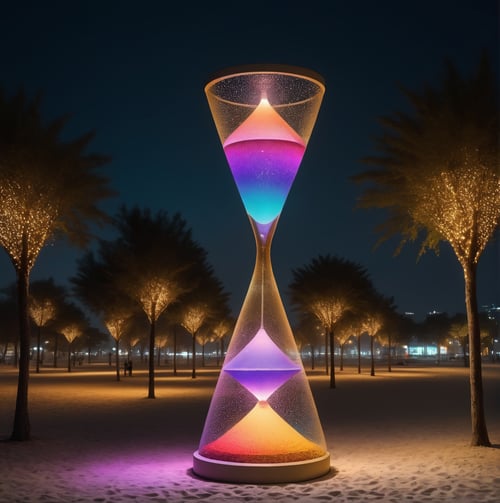 cinematic style, high quality outdoor evening photo of a 6m high outdoor light art public installation of an hourglass, the shape is made of metallic mesh and inside replace the falling sand with pixel drops of colored LED lights,   <lora:movb3:1>