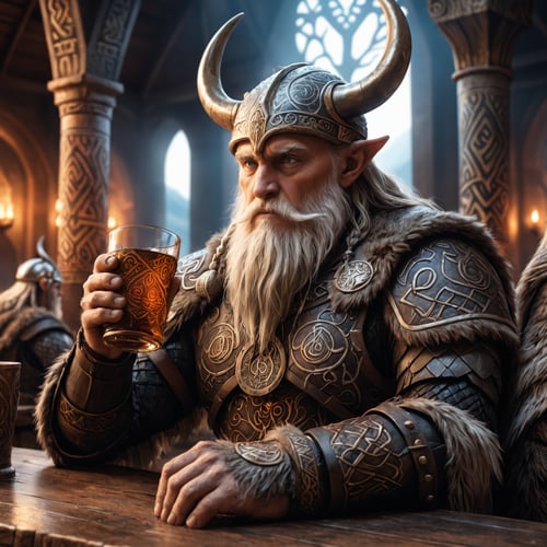 closeup, odin,sitting on a table, drinking met, Epic Photo ,insane detail, in valhalla  hall,viking armor, golden  horn, runes, yggdrasil,  runes, valhalla,( text:"valhalla"), detailed eyes, epic,