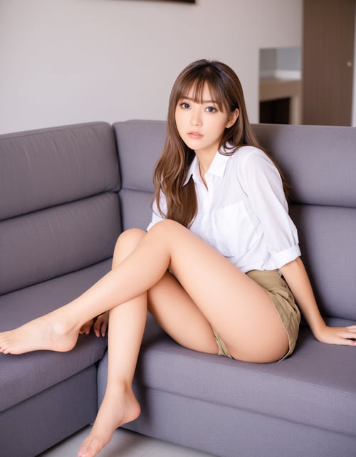 masterpiece, best quality, portrait photo of a 18 years old j-pop girl sitting on the sofa showing legs and bare feet, wearing shorts, white shirt, beautiful face, perfect eyes, long hair, (posing to viewer, low angle, from below),  <lora:hinaMaybeBetterPoseXL_v2:0.6>
