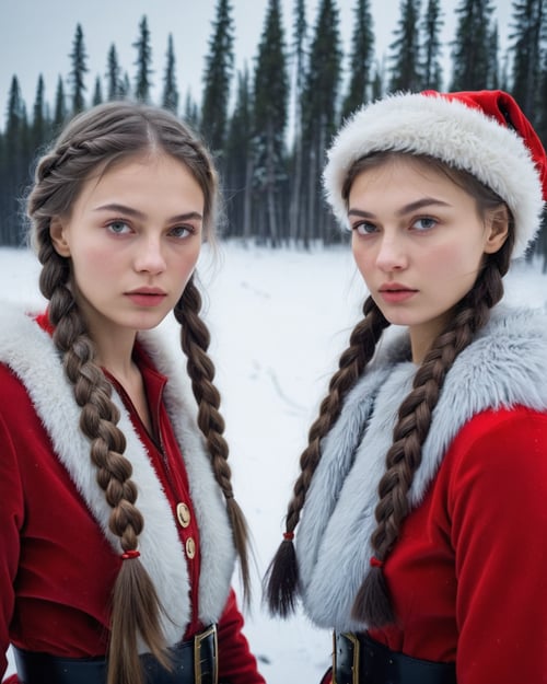 (Christmas:1.3)half body eyes shoot, Fashion photoshoot of 2 Siberian women with braided hair, wearing santa claus dress, on a snowy day in Siberia  <lora:dmc:1>
