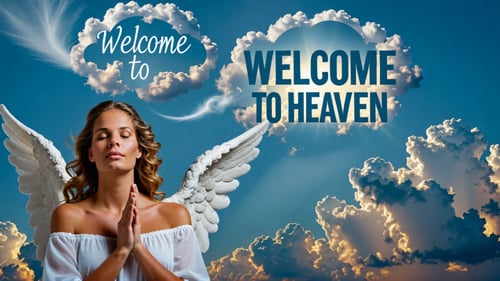 Photo of beautiful angel woman in clouds with text bubble that says "Welcome to Heaven"