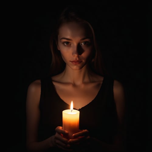 pitch black dark background, woman with a candle