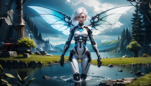 a female android,athletic,white hair,porcelain,tight bodysuit,white plastic,see through,ornate,(joints:1.1),wires,<lora:reelmech1v2:0.6>,(mechanical parts),<lora:FeyAndFairies-10:0.75>,FeyFa,fairy wings,sky,storm clouds,grass,lake,lights,