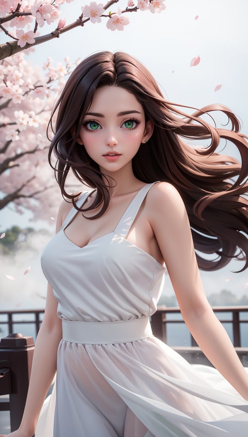 ((Cherry Blossoms)),(22 years old Spanish woman),wearing flowing dress,golden brown flowing hair glamour,(green eyes),beautiful face,((white mists:1.4)),(pink dust:1.2),mysterious,mysteries of universe,yellow lightnings,volumetric lightnings,dark and blurry background,
