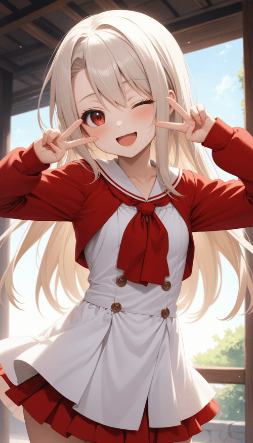 (masterpiece, best quality, very aesthetic, ultra detailed), intricate details,1girl, illyasviel von einzbern, fate \(series\), white hair, red eyes, one eye closed, open mouth, skirt, double v, smile,