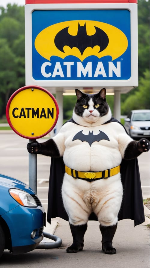 Photo of obese cat putting gas into a car, dressed as batman, gas station with sign saying "catman"