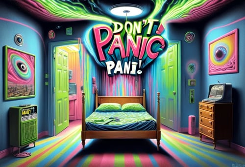 DonMD0n7P4n1cXL, text "DON'T PANIC!", hyper detailed masterpiece, dynamic realistic digital art, awesome quality,conflagration nonsensical nook,absorbing administration center,tied rya knots villa god rays,invisibility, baffling,atmospheric effects  <lora:DonMD0n7P4n1cXL:1>