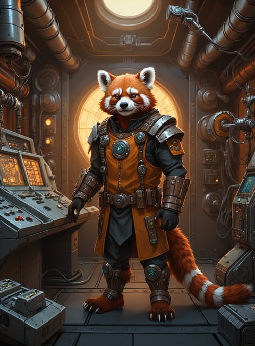 (cyberpunk viking red panda with robotic parts epic background glowing runes), steampunk happy Funny cartoonish at a complex nuclear control room, by Gediminas Pranckevicius H 704, machinarium style, intricate