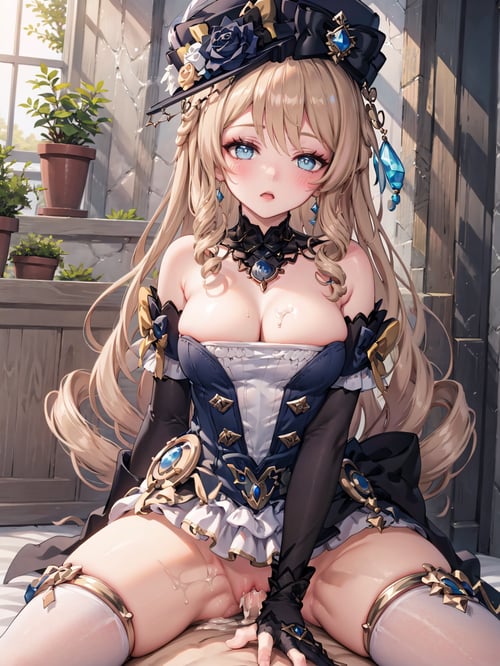 (extremely detailed CG, best quality:1.1), 1boy, penis, pov, 1girl, hetero, sex, vaginal, girl on top, cowgirl position, perfect face, bright pupils, (finely detailed beautiful eyes:1.1), half-closed eyes, shiny skin, lustrous skin, from below, half-closed eyes, blush, :o, worried, completely nude, cumdrip, cum in pussy, blush, hat, hat flower, hat feather, blue eyes, drill hair, bangs, jewelry, gloves, elbow gloves, hat feather, thighhighs, thigh boots, arms up, hands on hair<lora:CowgirlPosition:0.6> <lora:NaviaGenshin:0.6>