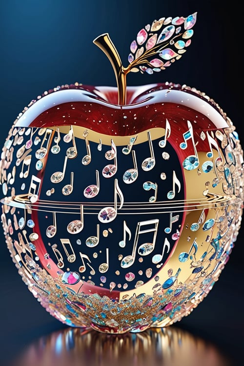 high quality, 8K Ultra HD, lots of musical note symbols inside an apple made of crystal, by yukisakura, high detailed