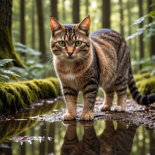 Closeup photo, cat , forest background, reflective puddles, natural light, high quality photography, 3 point lighting, flash with softbox, 4k, Canon EOS R3, hdr, smooth, sharp focus, high resolution, award winning photo, 80mm, f2.8, bokeh