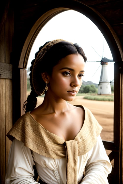 Wide angle digital minimalist art, (South African Historical Regency Era Woman:1.3), Symmetrical composition, Delicate features, Elegant attire, (Petite frame:1.2), Dark brown hair, Regal allure, Content expression, Calm demeanor, (Minimalistic rustic windmills:1.2), Subtle details, Ethereal atmosphere, Warm lighting