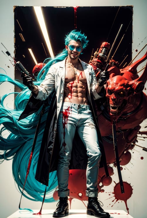 high quality, ((best quality)) male, (long hair), (cyan hair color) (glasses), feminine male, doctor, surgeon, insane, mad scientist, insane, big smile, drool, (drooling), skinny, thin, weak, black gloves, white lab coat, flamboyant, blood, dripping blood, gore, full body, RETRO ART STYLE, NEON_POP ART STYLE, ART STYLE, cyberpunk, cyber