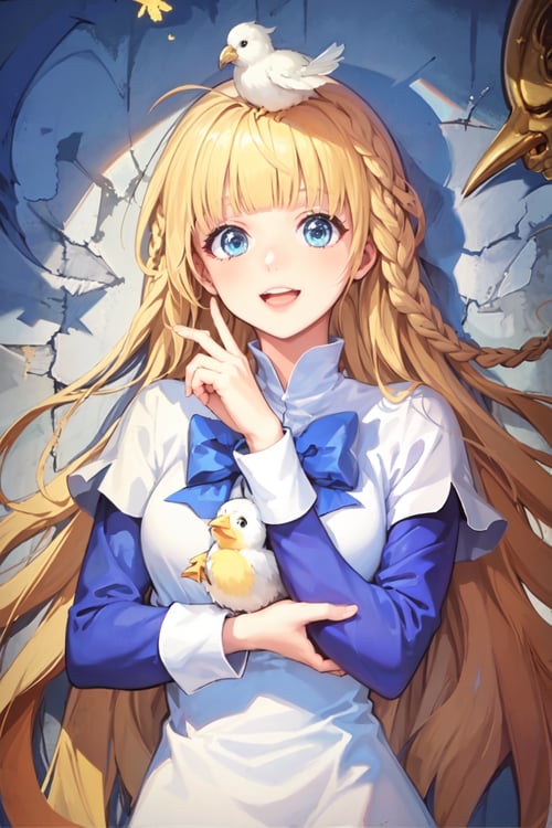masterpiece, best quality,1girl, blue eyes, (upper body, closeup:1.5), parted lips, lips, ruins, shrine, cathedral, holy, <lora:TalesWeaver_TichielJuspian_v1-000168:0.9>, blonde hair, blunt bangs, ahoge, twin braids, (very long hair:1.5), (white dress over blue dress, blue hem:1.1), white cuffs, long sleeves, short over long sleeves, blue bow, (pov, from above, straight-on:1.2), (head down:1.2), sparkles, magic, glow, (bird on finger, looking at bird:1.5), smiling, open mouth, 