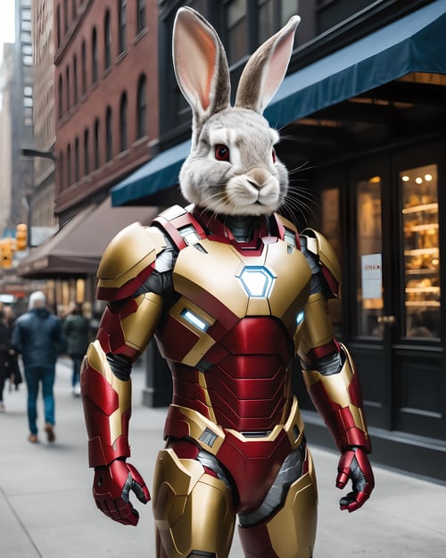 antropomorphic rabbit, iron man, realistic fur, new york