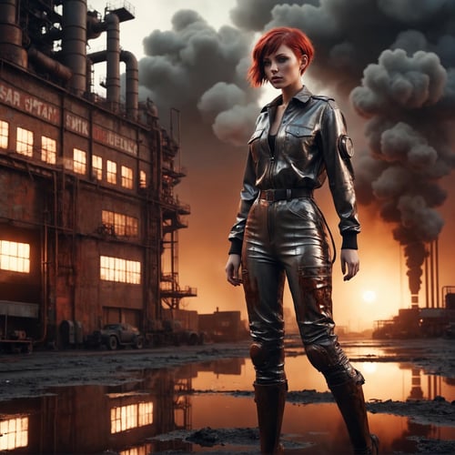 RAW photo, (epic landscape), masterpiece, ((dieselpunk)), futuristic factory, postapocalyptic, smoke, best quality, dynamic pos, ultra detailed, reflective puddles, metal plates, rust, full body, fluid movement, light trail, dramatic lighting, red tone, short_hair, Photorealistic, Hyperrealistic, Hyperdetailed, analog style, detailed skin, matte skin, soft lighting, subsurface scattering, realistic, heavy shadow, masterpiece, best quality, ultra realistic, 8k, High Detail, film photography, soft focus,