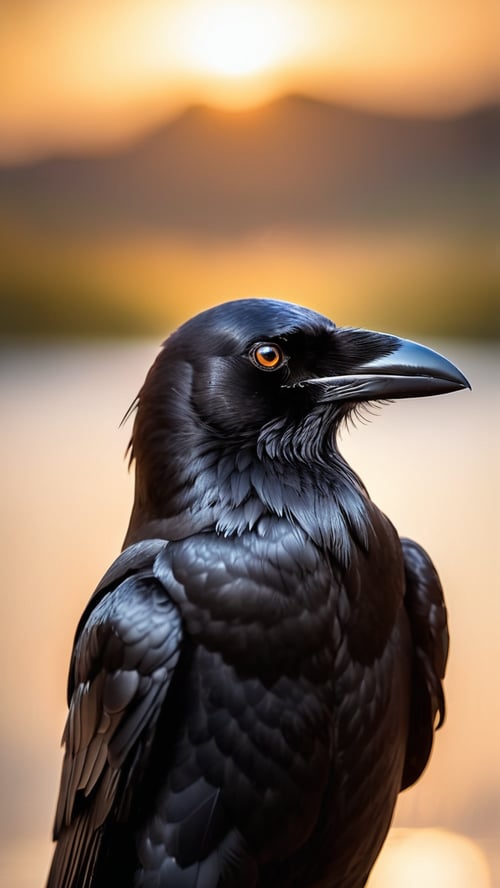 Picture a high-quality, close-up photograph capturing the enigmatic beauty of a crow's head in sharp detail. The crow's wise eyes are the focal point, deep and reflective, mirroring the entire world within their gaze. They hold an almost mystical quality, reflecting a miniature panorama of the surrounding landscape at sunset. The warm, golden hues of the fading sun bathe the scene, accentuating the intricate textures of the crow's feathers and adding a soft, ethereal glow to the image. The crow is looking directly into the camera, its gaze piercing and direct, creating an intense connection with the viewer. In its eyes, the faraway ocean and islands are glimpsed, subtly blurred in the background, enhancing the sense of depth and isolation. This image is framed with a careful balance of zoom and depth of field, ensuring the crow’s face is in sharp focus while the background fades into a dreamy bokeh, emphasizing the profound and solitary figure of the crow against the vastness of the world.