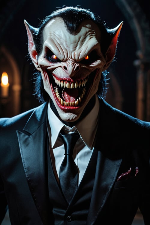 a monstrous vampiric creature that emerges from the darkness in search of its prey. wearing a black suit, while his eyes shine with an insatiable hunger. Detail of the sharp teeth, huge fangs visible in a sinister smile, ready to sink into human flesh.