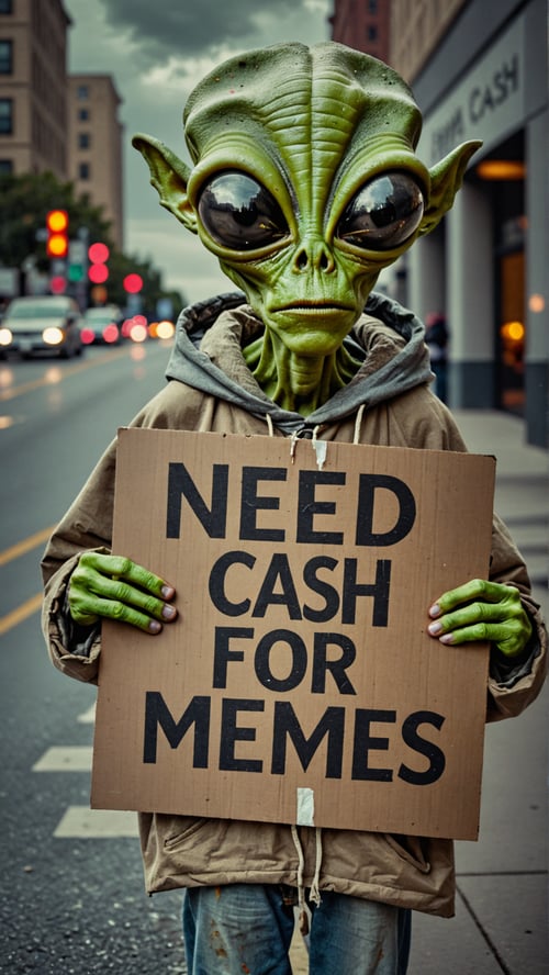 (Homeless alien:1.3) on a city sidewalk, holding a cardboard sign with "Need CASH for MEMES", appearance tired and forlorn, style like a documentary photo, dominant colors grey and earthy tones, mood reflective, lighting subdued and overcast, high resolution