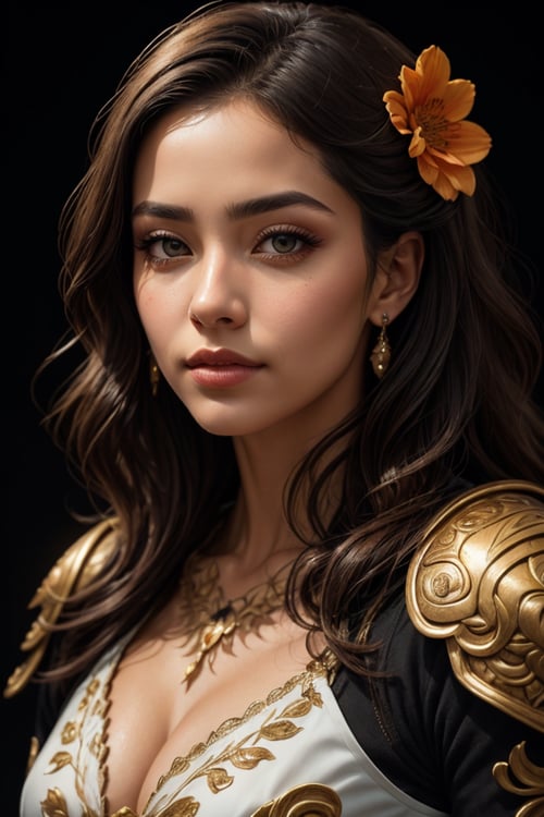 (best quality, realistic, high-resolution), colorful portrait of a woman with flawless anatomy. She is wearing a stunning flower dress that compliments her vibrant personality. Her skin is extremely detailed and realistic, with a natural and lifelike texture. The background is dark, which creates a striking contrast to the colorful flowers adorning her armor. The flowers on her armor represent her strength and beauty. The lighting accentuates the contours of her face, adding depth and dimension to the portrait. The overall composition is masterfully done, showcasing the intricate details and achieving a high level of realism, Realistic  <lora:add_more_details_v3:1>