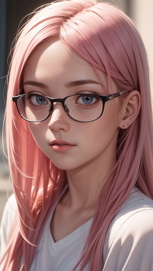 professional,masterpiece,8k,hyperrealistic portrait of a 20yo cute girl,long hair,pink hair,glasses,(looking shy:1.3),freckles,detailed face,detailed skin,photography,hq,photorealistic,