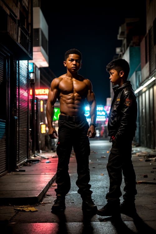 Wide angle award-winning photograph, (Fierce street showdown of determined boys:1.2), Rule of thirds composition, Gritty faces, Intense gazes, (Muscles tensed:1.3), Scattered debris, Alley battleground, Neon glow, (Raw city energy:1.2), Crafted with 8K sharpness, Hyper-detailed realism, Cinematic intensity captured with a Nikon Z9, 24-70mm f/2.8 lens, High-contrast lighting, Striking realism
