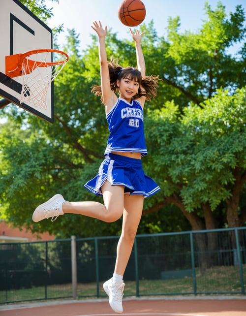 masterpiece, best quality, portrait photo of a 18 years old girl, cheer leader, outdoor, basketball playground, (jumping pose, dancing pose, posing to viewer), (low angle/from below),<lora:hinaMaybeBetterPoseXL_v1:0.5>