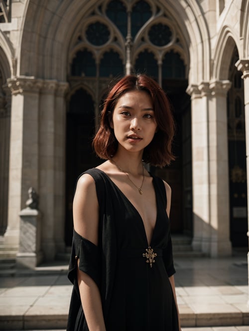 portrait of beautiful asian fashion model with pale red hair, ethereal dreamy foggy, photoshoot by Annie Leibovitz, editorial Fashion Magazine photoshoot, fashion poses, in front of gothic cathedral architecture. Kinfolk Magazine. Film Grain. a soft smile