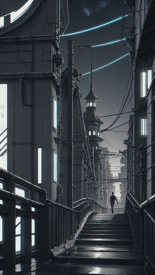 masterpiece, official art, Wave Art Style, (masterpiece, best quality, ultra-detailed, highres), bridge, building, chimney, cloud, fantasy, house, night, night sky, no humans, outdoors, scenery, sky, stairs, star , (sky), starry sky,  tree, high detailed, 8k, outrun, electric light wires, ultra sharp, extremely detailed, Photorealistic","wallpaper, 1boy, solo, male focus, tattoo, monochrome, cyberpunk, (chromatic aberration), detailed background, mechanical parts, cable, indoors