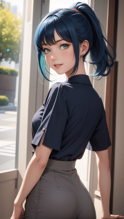 masterpiece, best quality, 1girl, blue hair, ponytail, green eyes, blouse, culottes, happy, looking at viewer,