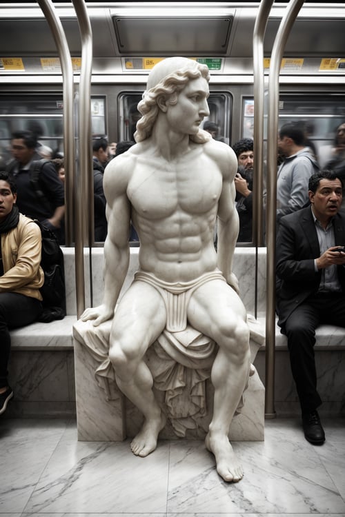 Wide angle hyper-realistic sculpture, (Greek marble statues in crowded subway:1.2), Chaotic composition, Sitting figures, Commuting scene, (Sorrowful expressions:1.2), Elaborate carvings, Precise features, Rush hour chaos, (Detailed craftsmanship:1.3), Captured with Hasselblad, Ultra-high resolution, Unreal details, Precise realism