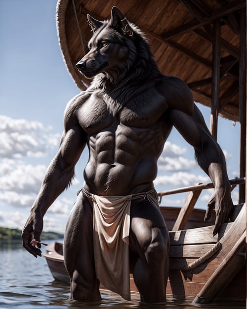 anthro, black wolf, male, adult, fit, loincloth, markings, ear piercing, realistic fur, detailed background, boat background, hyper realism, RAW photo, (realism, photorealistic:1.3), detailed, hi res,