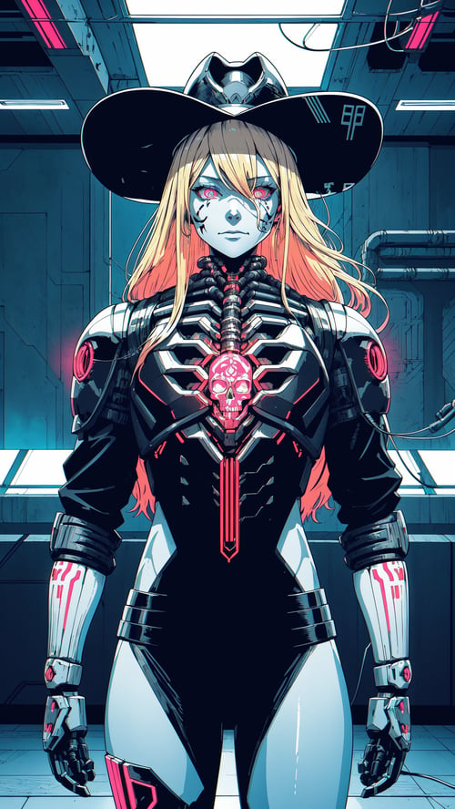 solo, hat, 1girl, skull, long hair, cowboy hat, blonde hair, colored skin, glowing eyes, glowing, armor, indoors, science fiction, detailed background","wallpaper, 1boy, solo, male focus, tattoo, monochrome, cyberpunk, (chromatic aberration), detailed background, mechanical parts, cable, indoors