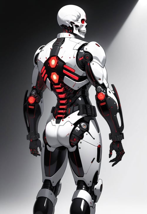 A Hi-Tech cyberpunk style white black red skull suit, Custom design, shining body, glowing look, full shining suit, body, hues.,steampunk style,cyberpunk style,mecha, perfect custom Hi-Tech suit, weapon master, Hi-Tech belt, muscular body suite, looking back, anime, detailed, minimalist, colorful, black and white, lineart, LineAniAF