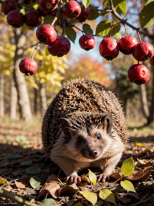 Flora, autumn, a hedgehog with mushrooms and berries on its back on needles, the image in the middle of the picture in muted and soft tones, trees, leaves. autumn background
