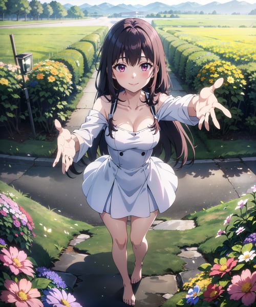 best quality, masterpiece, 8k, high_resolution, highres, amazing, sharp focus, finely detail, (distinct_image), 1girl, solo, long hair, (view from front), (medium shot:1.2), (pov:1.2), (shy smile), white dress, medium breasts, flower field, stands with outstretched hand, looking at viewer, blush, barefoot<lora:hinaLovelyGirlLycoris_v10:1>