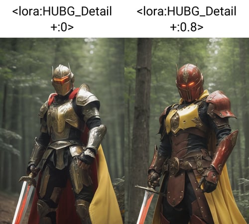 HUBG_Mecha_Armor, official art, (1boy,The swordsman, Raise your longsword and look at the audience, male, robust:1.3),solo,bearded,fighting position,forests,(yellow and red medieval byzantine theme),cowboy shot, (alive skin),<lora:HUBG_Detail +:0>  <lora:HUBG_Mecha_Armor SDXL v1.0:0.8>
