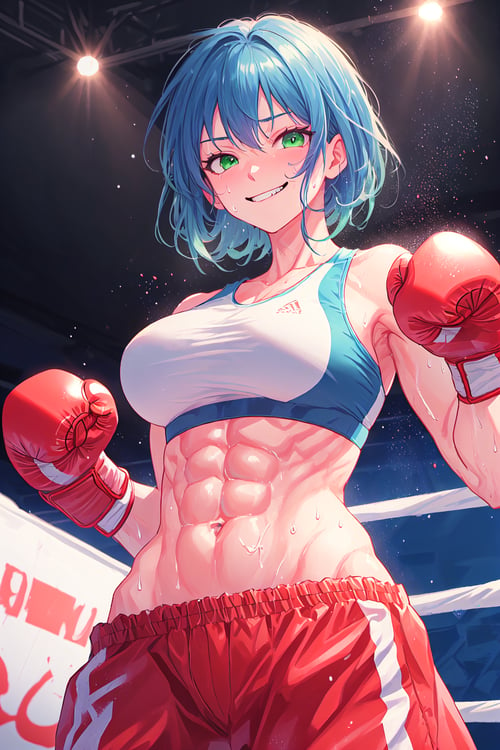 blue hair, green eyes, red boxing gloves, attack pose, smug, smirk, abs, sports bra, large breasts, from below, sweat, boxing ring backround, volumetric lighting, light particles
