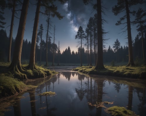 detailed landscape photo of a mystical forest,reflecting puddles, epic night sky,, high quality photography, 3 point lighting, flash with softbox, 4k, Canon EOS R3, hdr, smooth, sharp focus, high resolution, award winning photo, 80mm, f2.8, bokeh